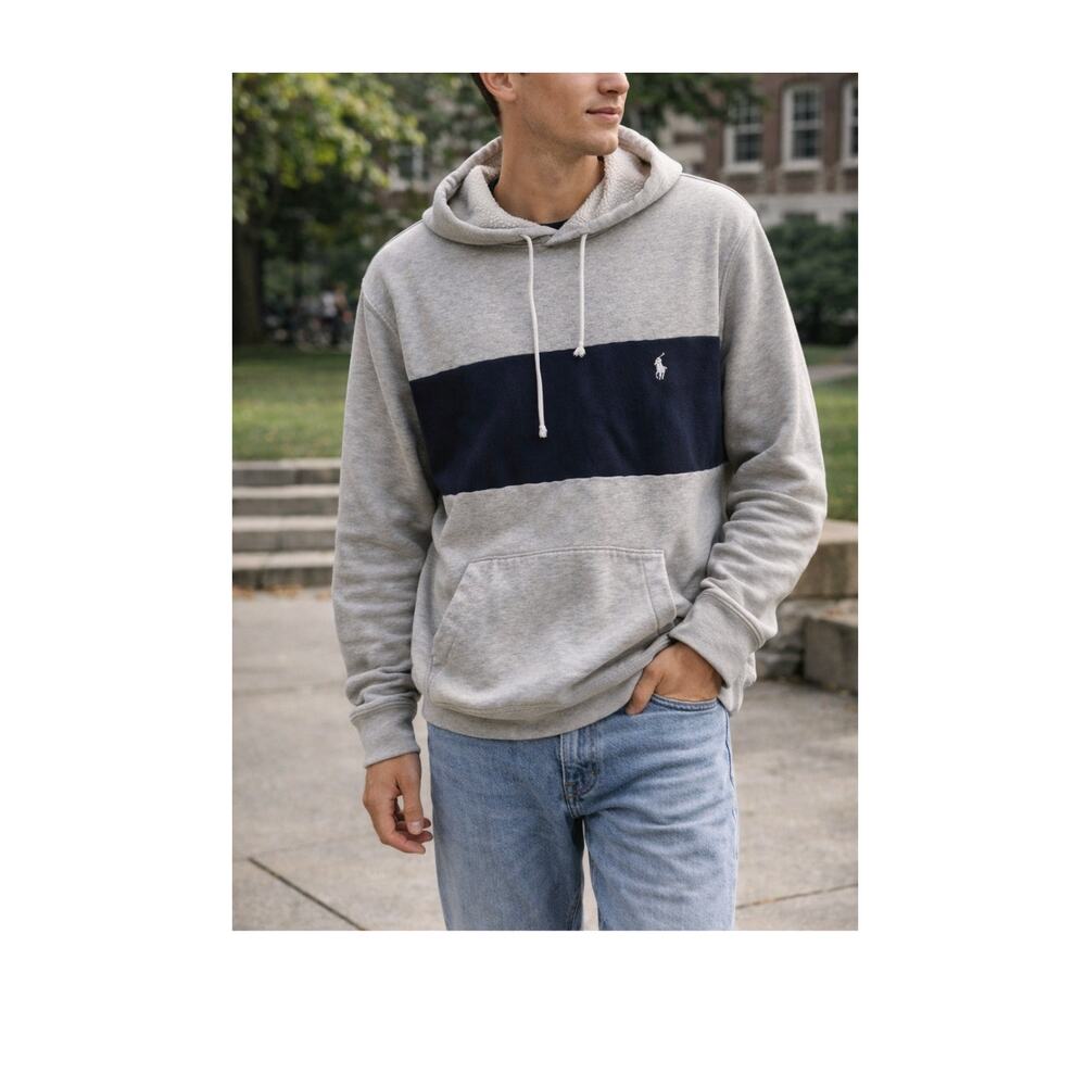 Polo Ralph Lauren Fleece Hoodie Gray Navy Stripe Pony Logo XL